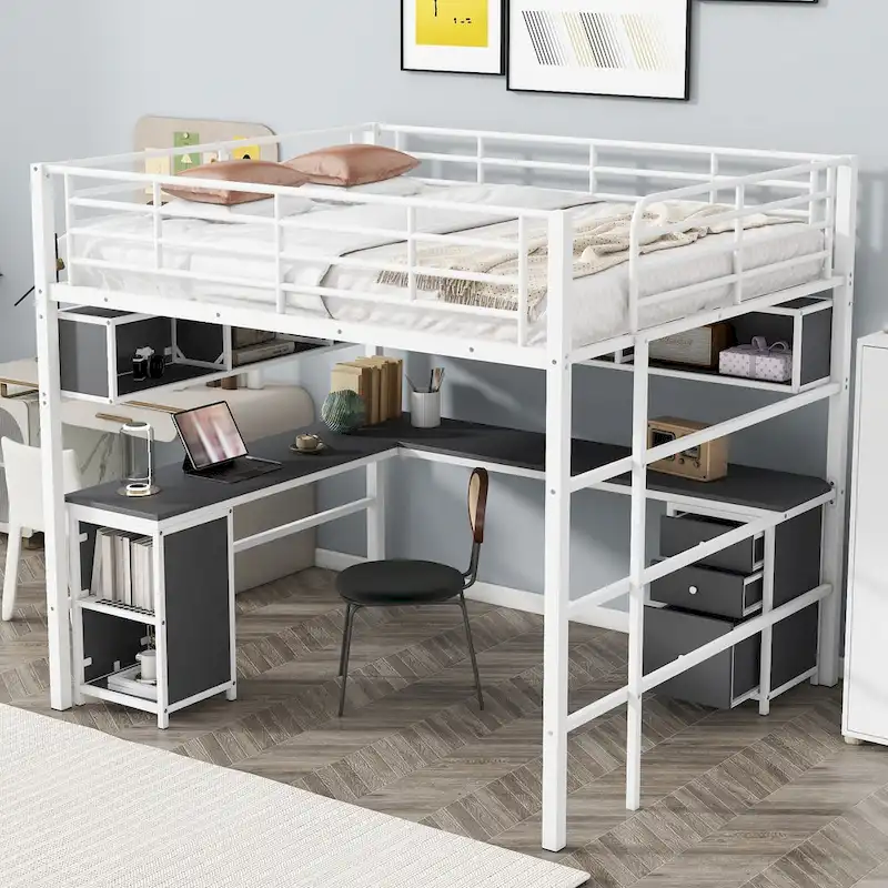 Full Size Loft Bed with Bookcase & Cabinet, Metal Loft Bed with L -shaped Built-in Desk, Metal Bed Frame for Kids, Teens, Adults