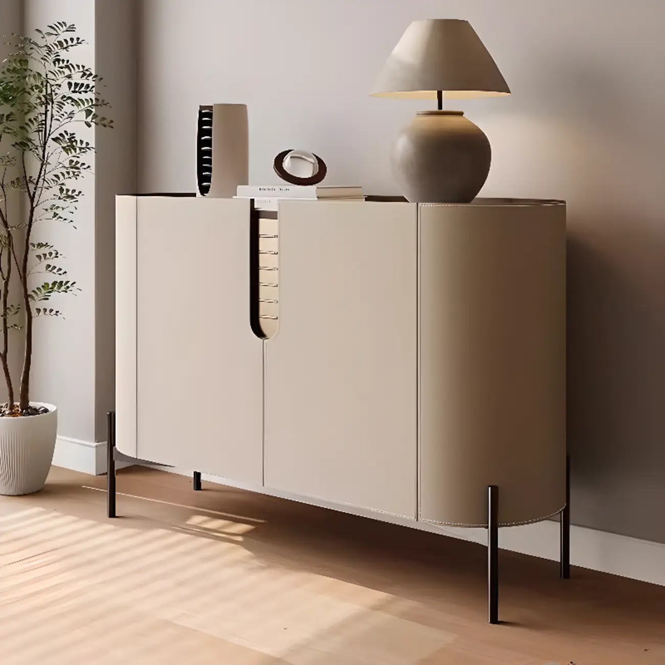 Modern Beige Stone Accent Cabinet with 4 Straight Legs