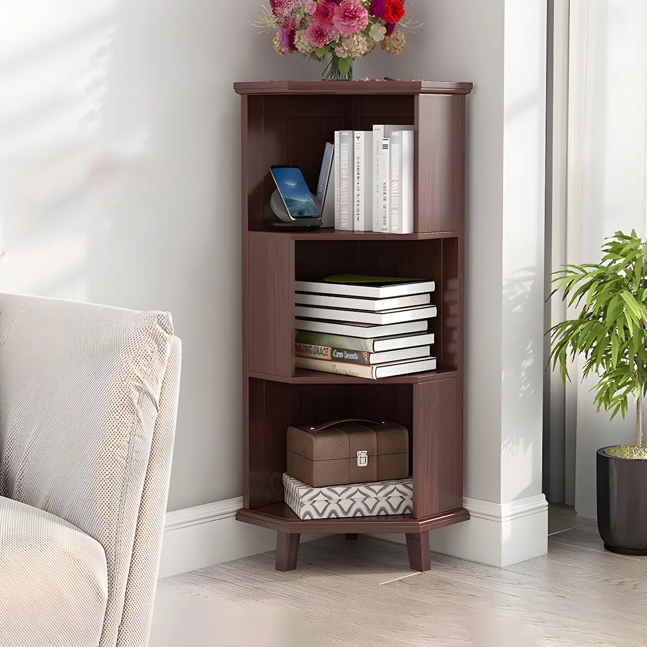 Simple 5-Tier Wood Corner Bookcase in White/Walnut