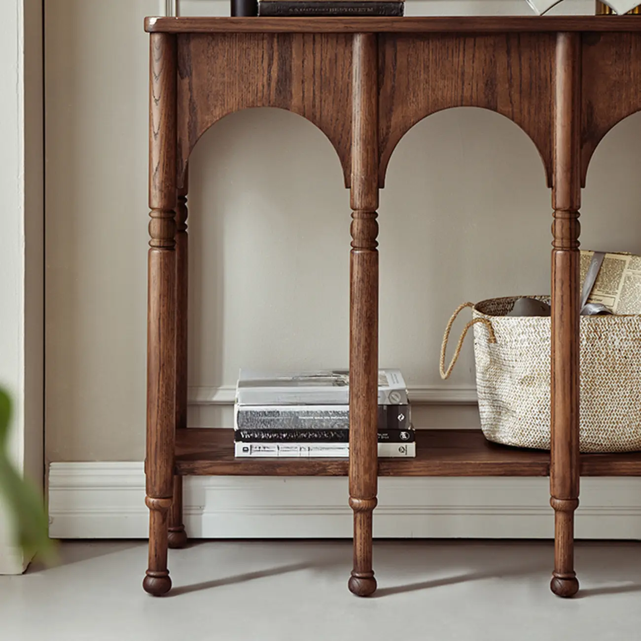 Rectangular Wood Brown Console Table with Shelves