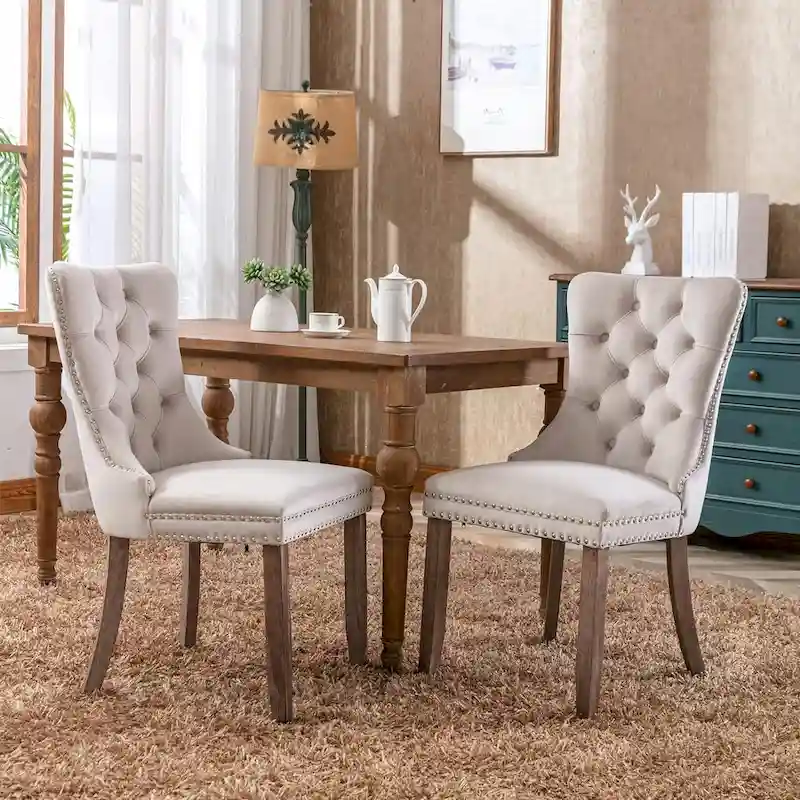Velvet Dining Chairs Set of 2, Upholstered High-end Tufted Dining Room Chair with Nailhead Back Ring Pull Trim Solid Wood Legs