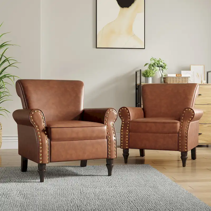 2 Set Nailheads Accent Chair Faux Leather Armchair