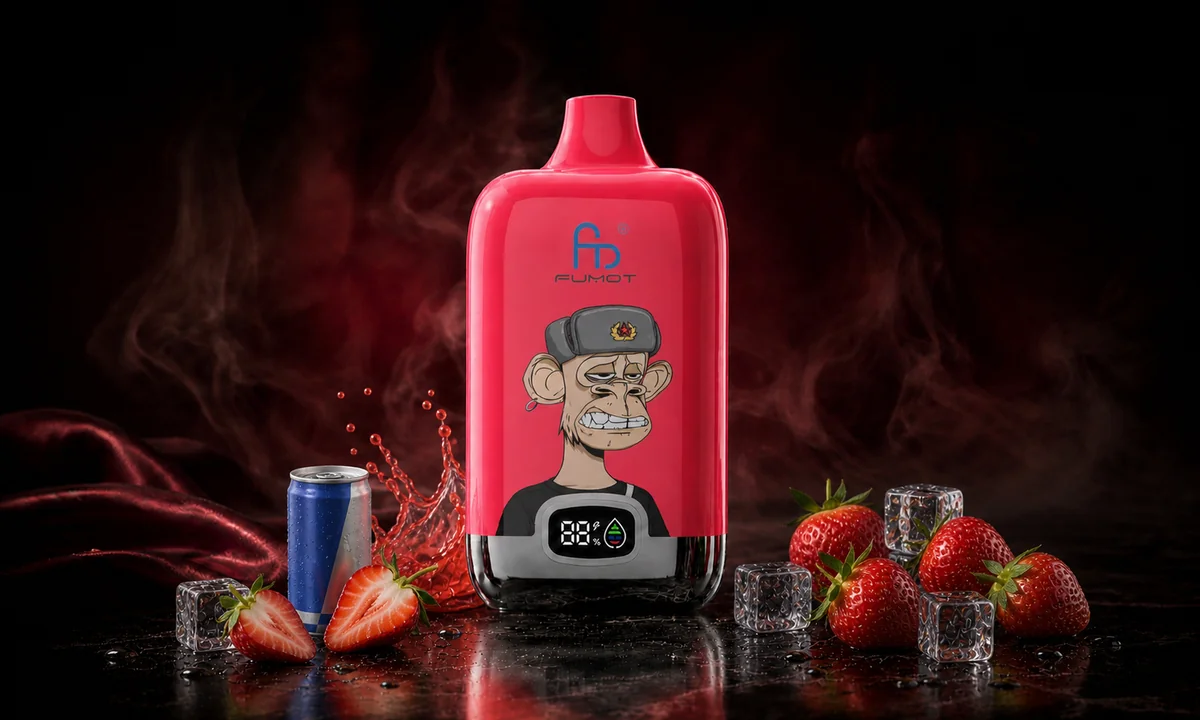 Fumot Digital Box 12000 Strawberry Red Bull Vape in einer dunklen Rauchszene