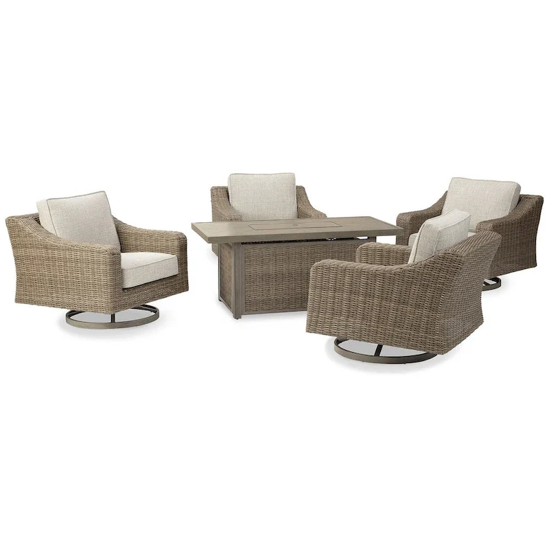 Signature Design by Ashley Beachcroft Brown/Beige Beachcroft Fire Pit Table with 4 Nuvella Swivel Lounge Chairs