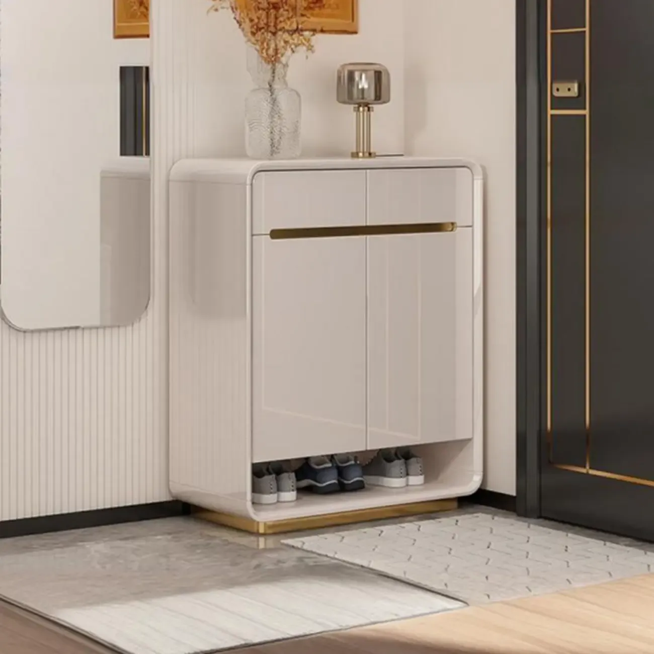 Glam Beige Solid Wood Shoe Cabinet with Display Top