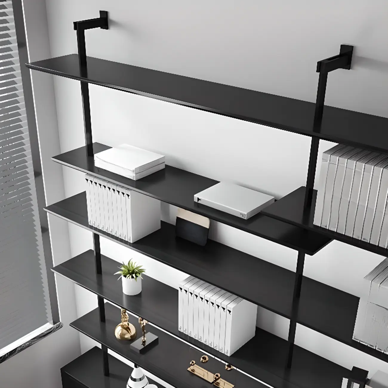 Industrial Black Wood Modular Wall Shelving System Bookshelf