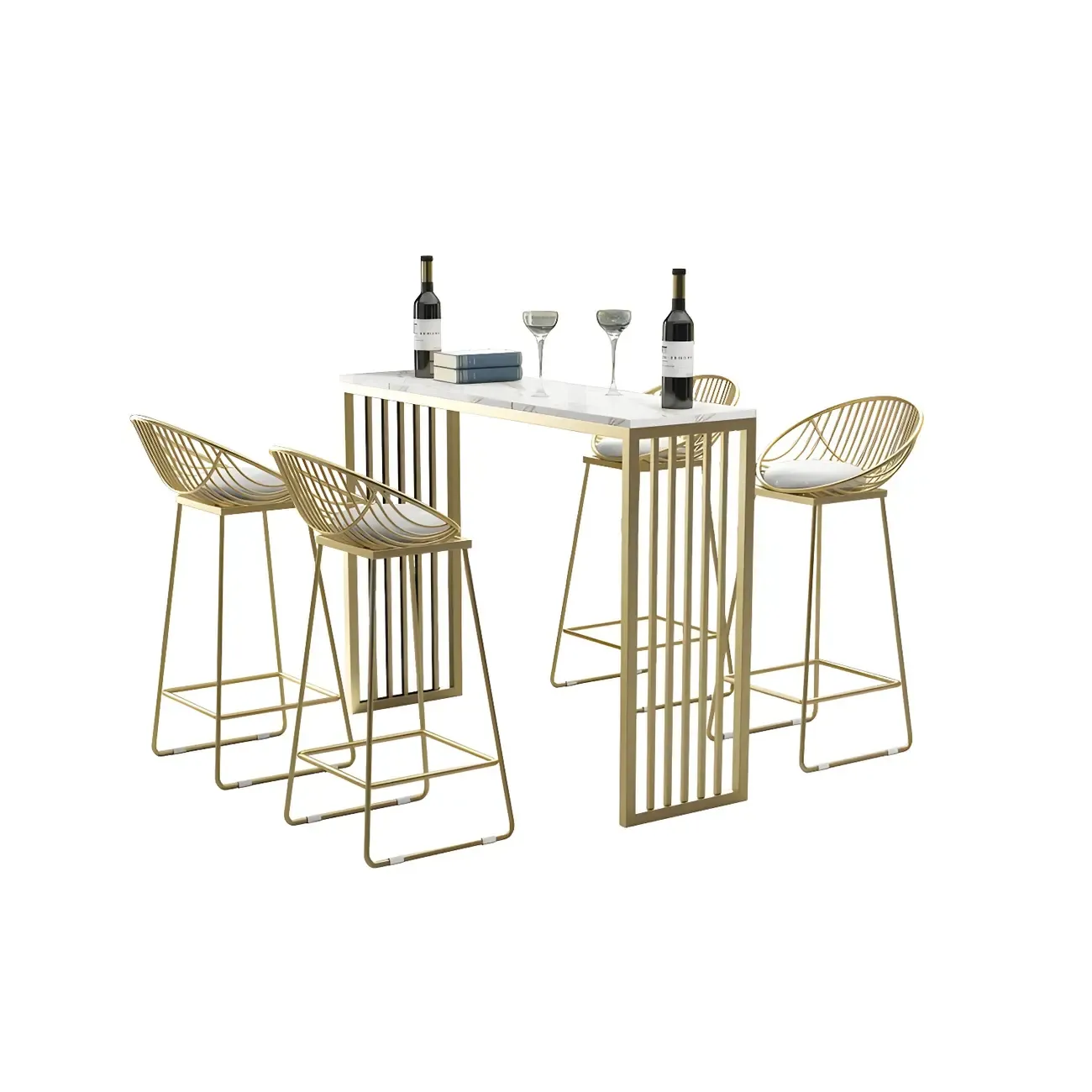 Glam White Faux Marble Gold Rail Metal Base Bar Tables