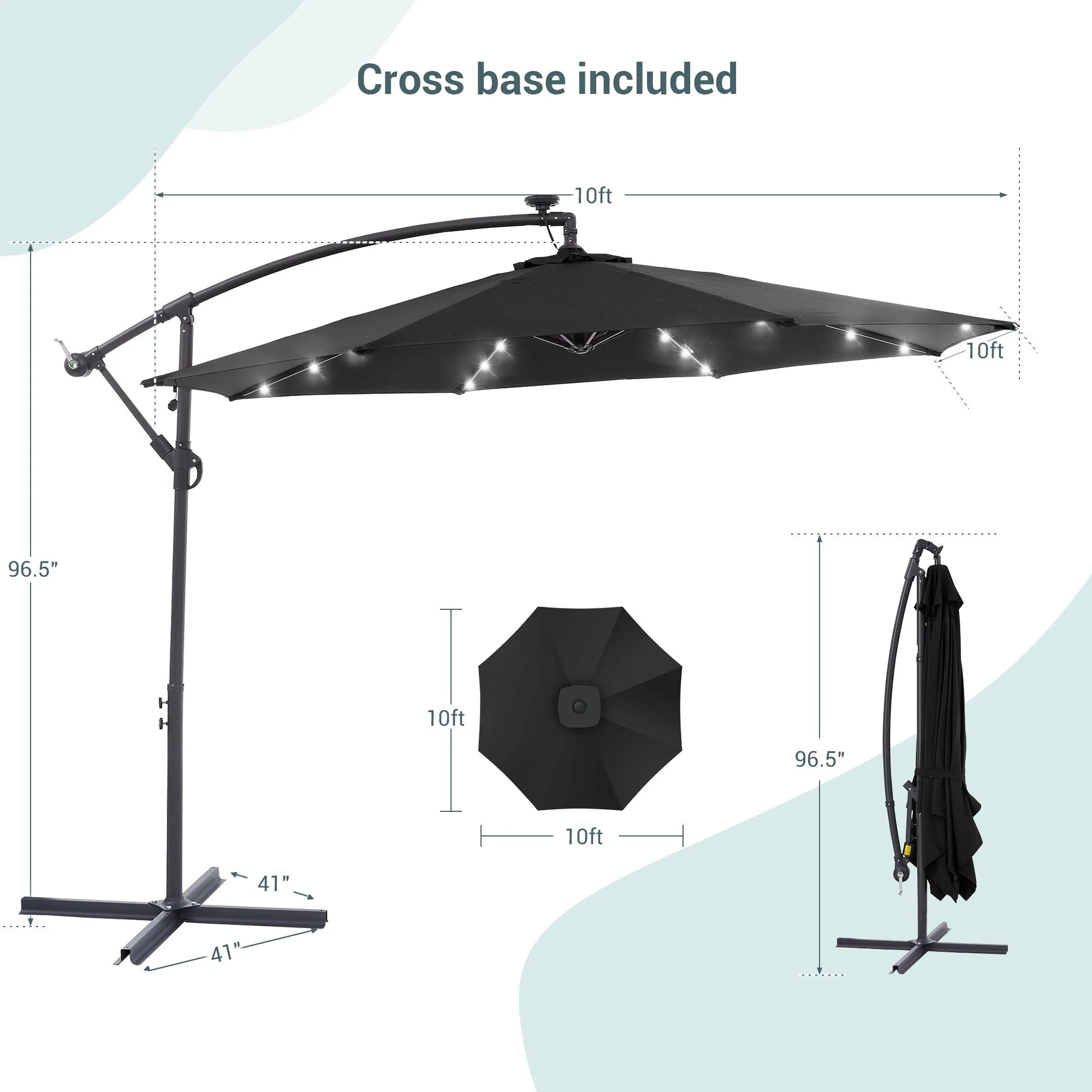 LIVOOSUN 10ft LED Patio Offset Umbrella With Cross Base
