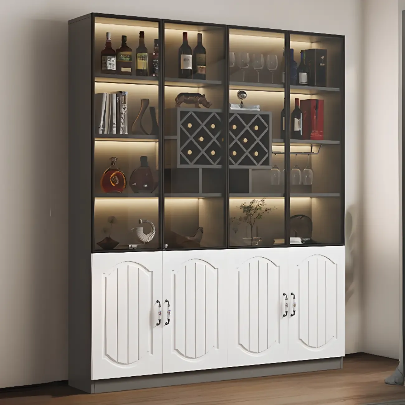Black Wood Glass Door Display Cabinet with Wine Storage