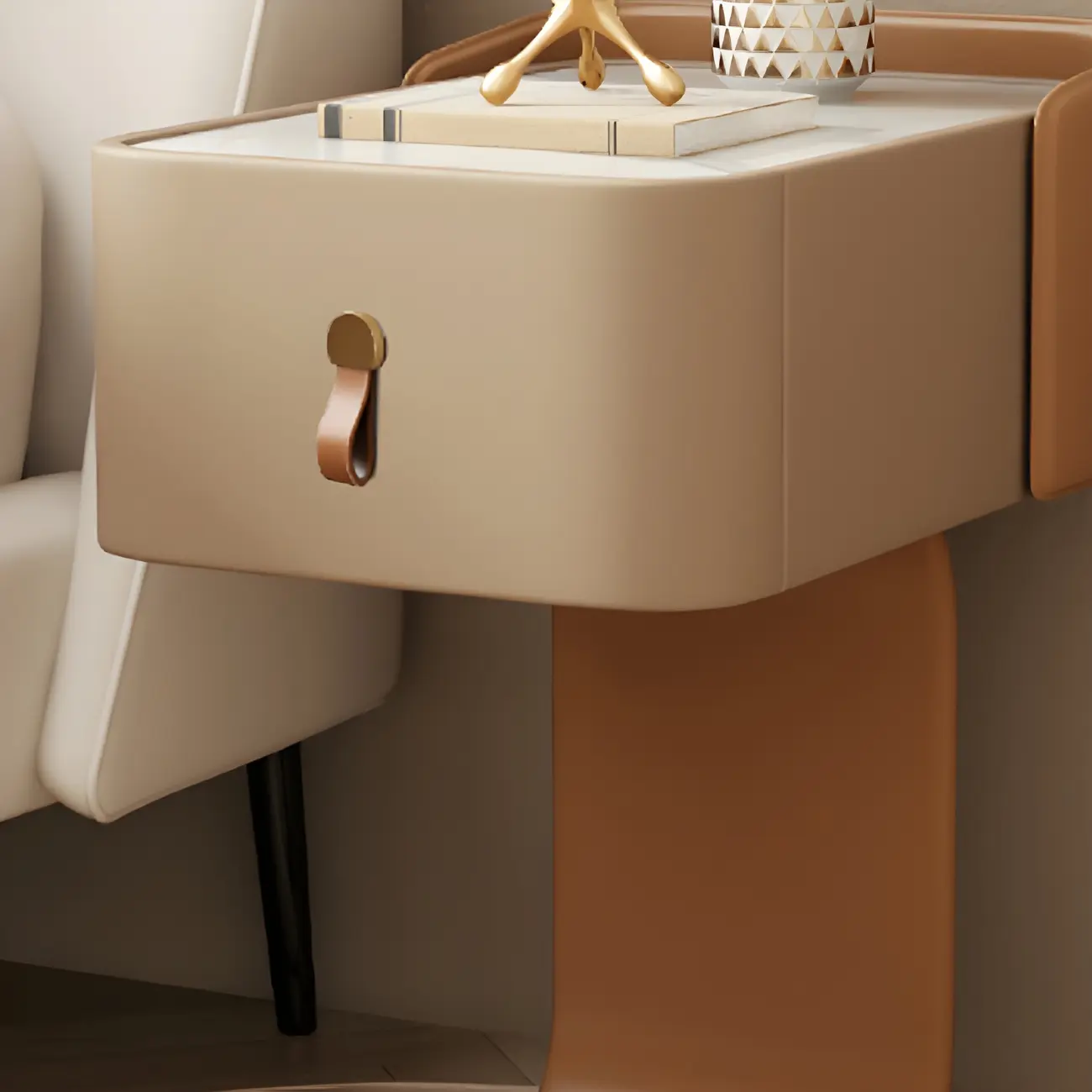 Khaki Stone Top Wood C-Shaped Nightstand with Drawer