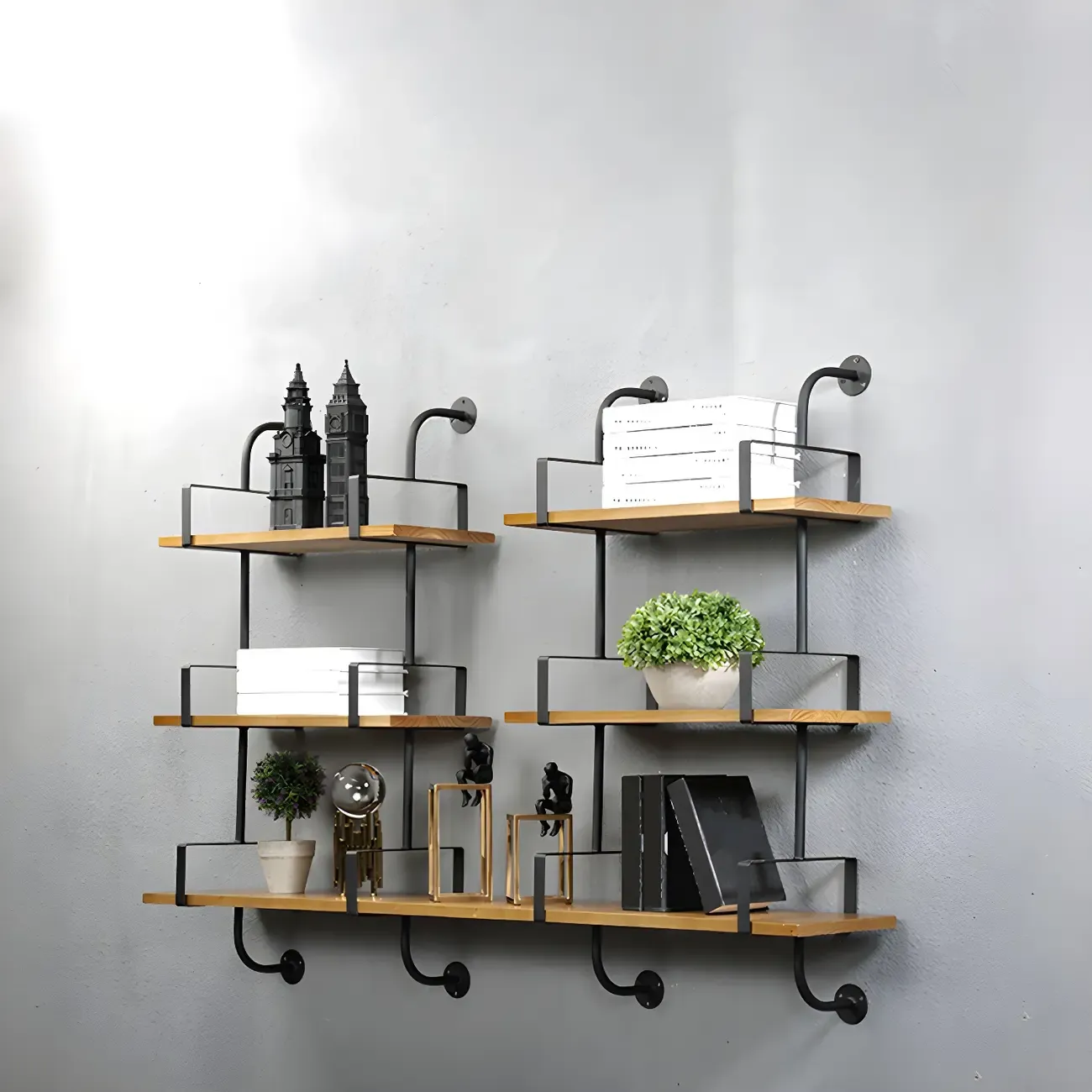 Simple 2-Tier Wood Metal Wall-Mounted Bookcase