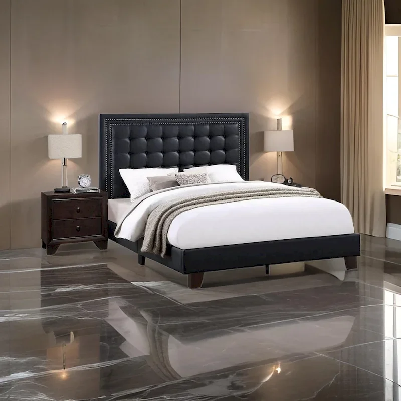 Vea Platform California King Bed, Tufted Upholstery, Black Faux Leather