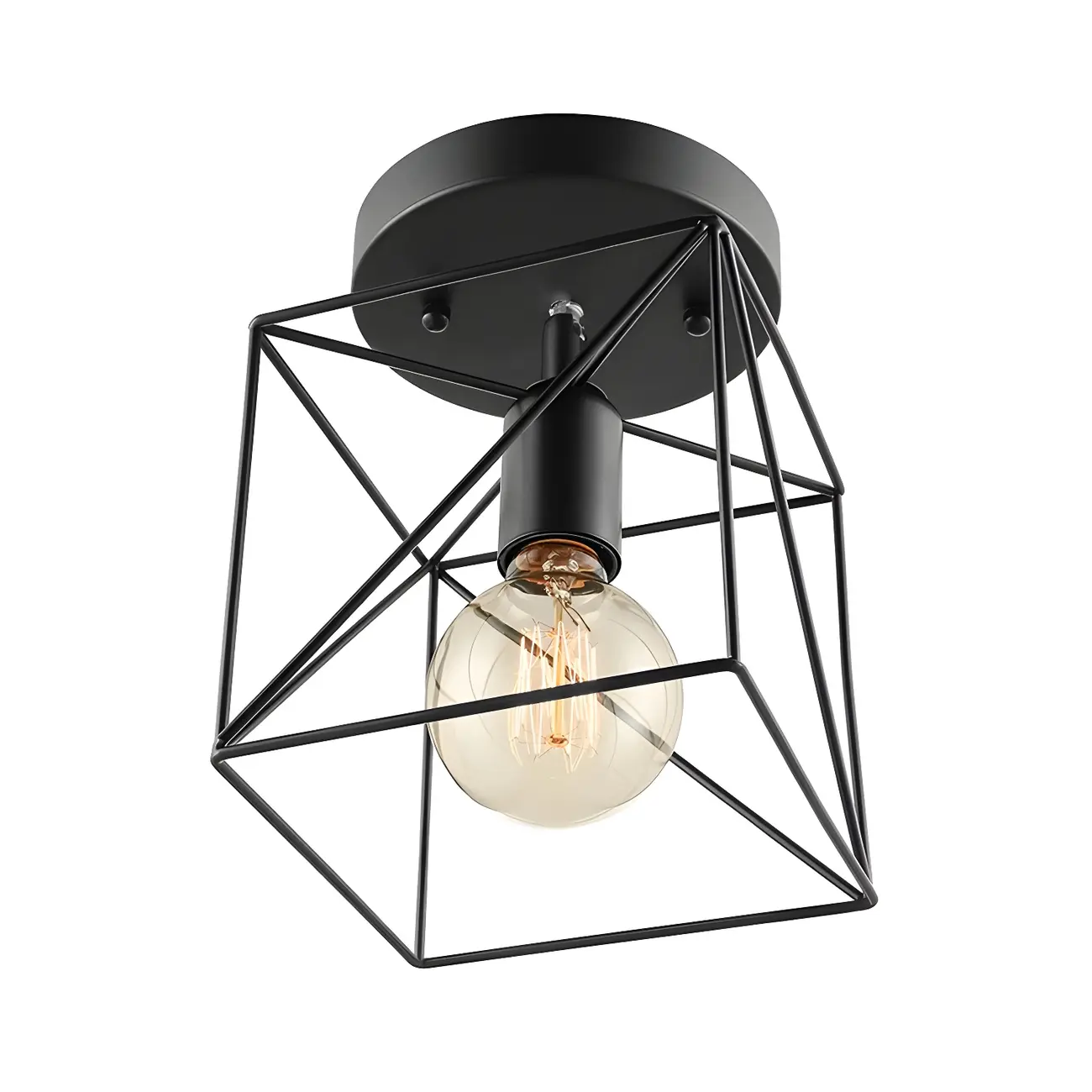 Modern Black Metal Square Caged Semi Flush Mount Ceiling Light