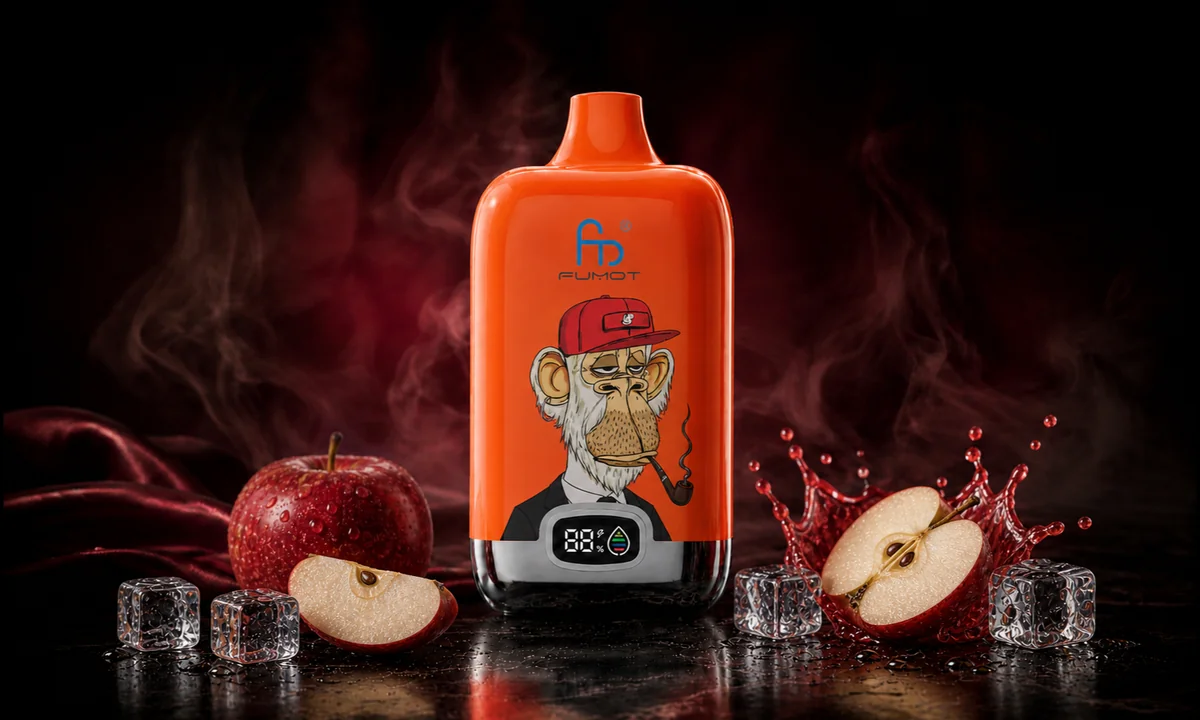 Fumot Digital Box 12000 Red Apple Ice Vape in einer dunklen Rauchszene