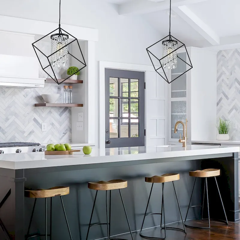 C Cattleya 1-Light Black Geometric Hanging Pendant Light with Cylinder Crystal Beads Shade