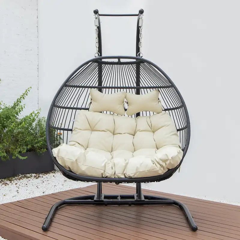 Double-Seat Folding Hanging Swing Chair with Stand & Cushion