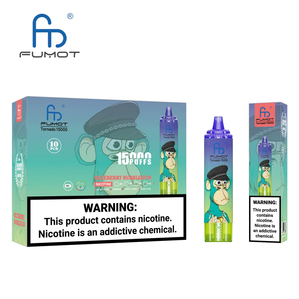 Fumot Tornado 15000 Blueberry Bubblegum – 10er-Displaybox mit Einweg-Vape und Einzelpackung