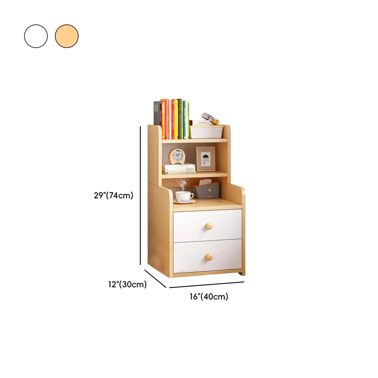 Modern Tall Wood Spacious Shelves 2-Drawer Nightstand