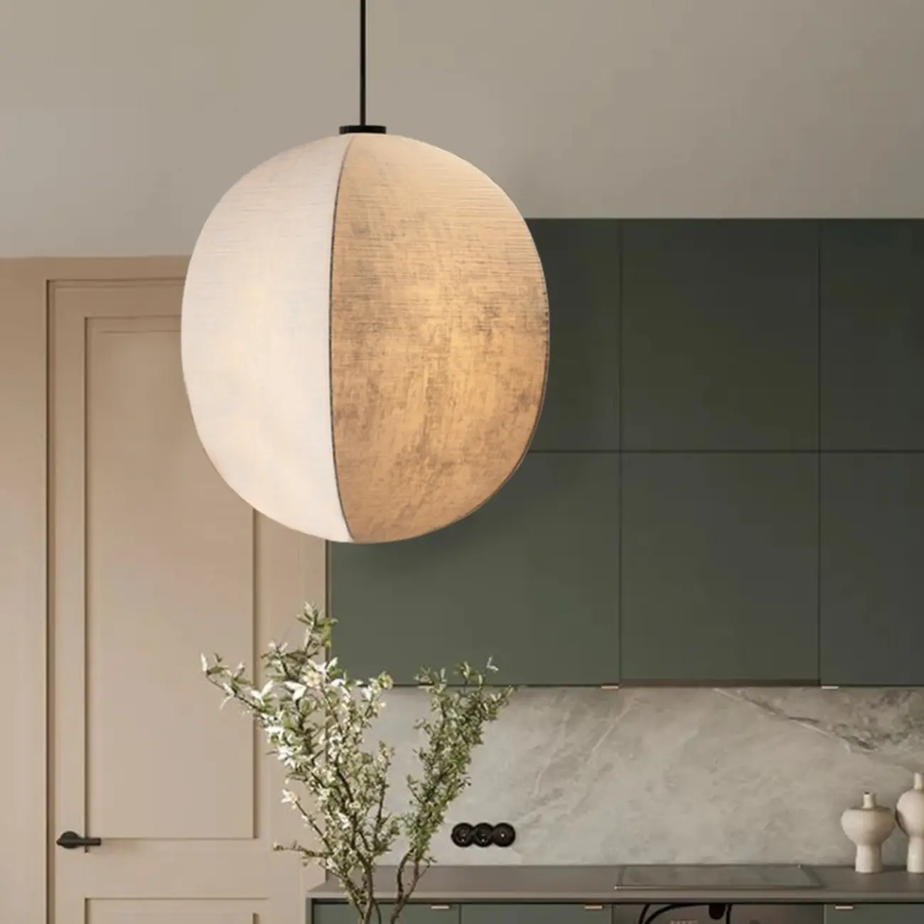 Modern Beige Fabric Geometric Pendant Light Adjustable Height