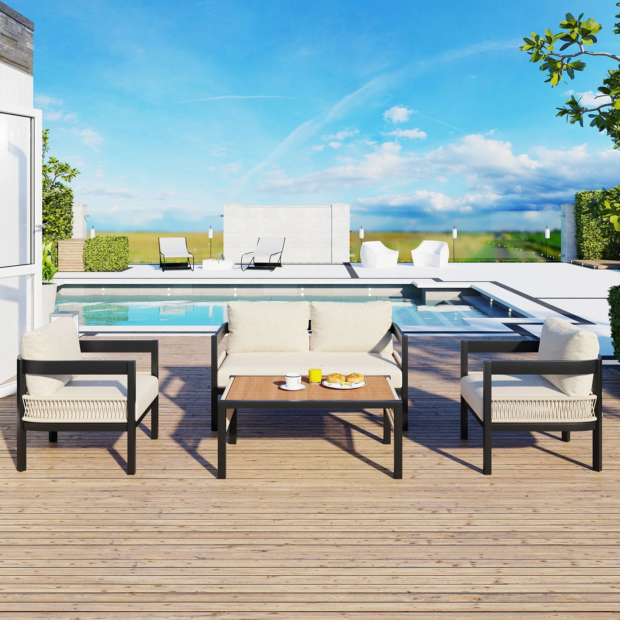 Walker Edison | Modern Rope Design Outdoor Iron Sofa Set with Coffee Table