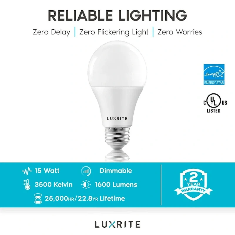 Luxrite A19 LED Light Bulb 100W Equivalent 3500K 1600 Lumens Dimmable 15W Enclosed Fixture Rated E26 Base 16 Pack