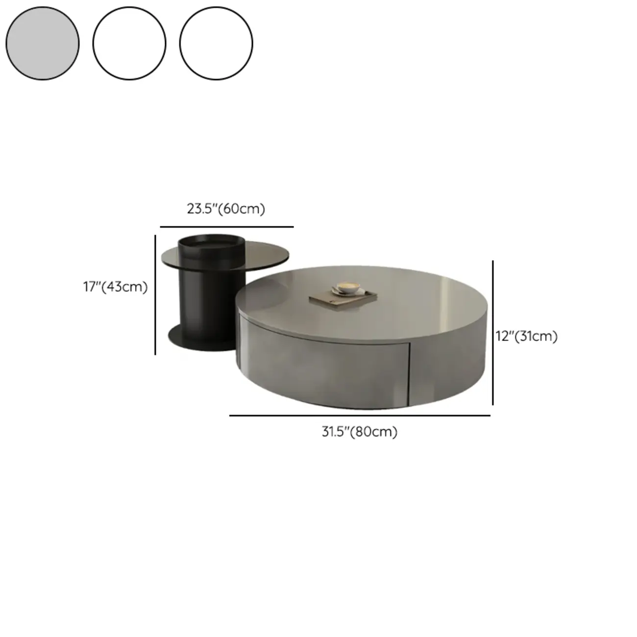 Black Modern Sleek Nesting Round Wood Drawer Coffee Table