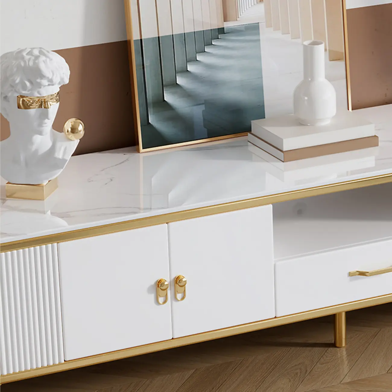 Glam Glossy White Stone TV Stand with Cable Management