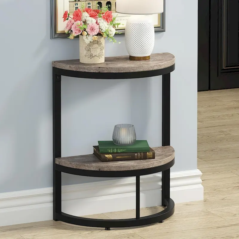 Half Round End Table, Narrow Side Table Slim C Table with Metal Frame