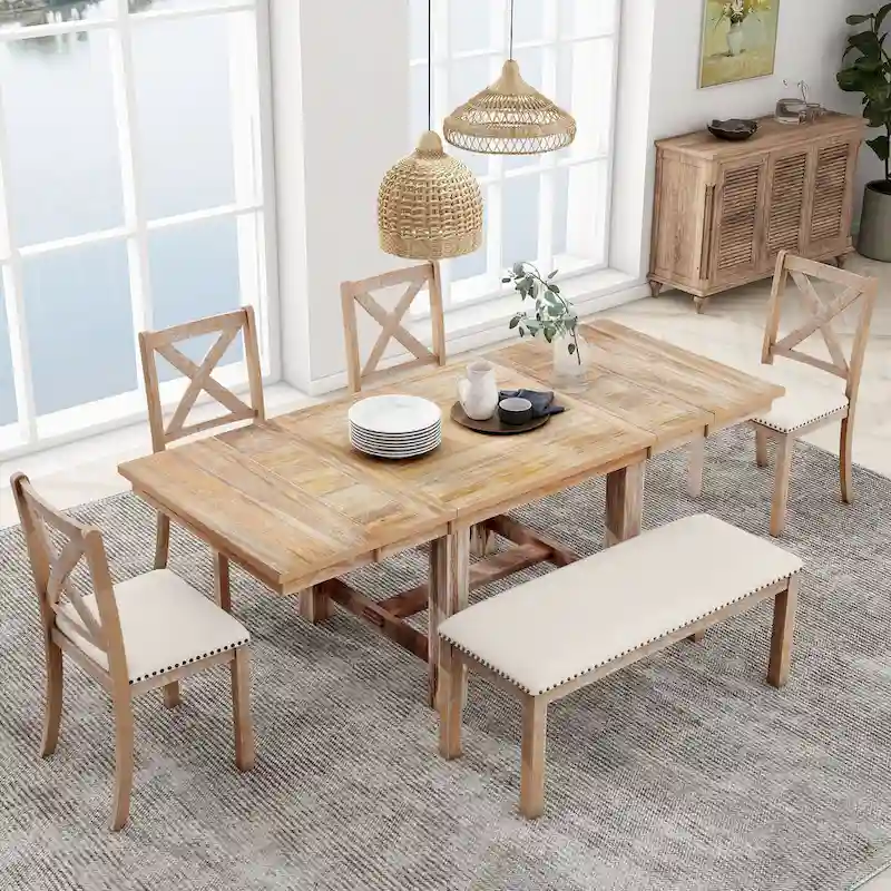 Farmhouse 6-Piece Wooden Dining Table Set with Extendable Table & 4 Chairs