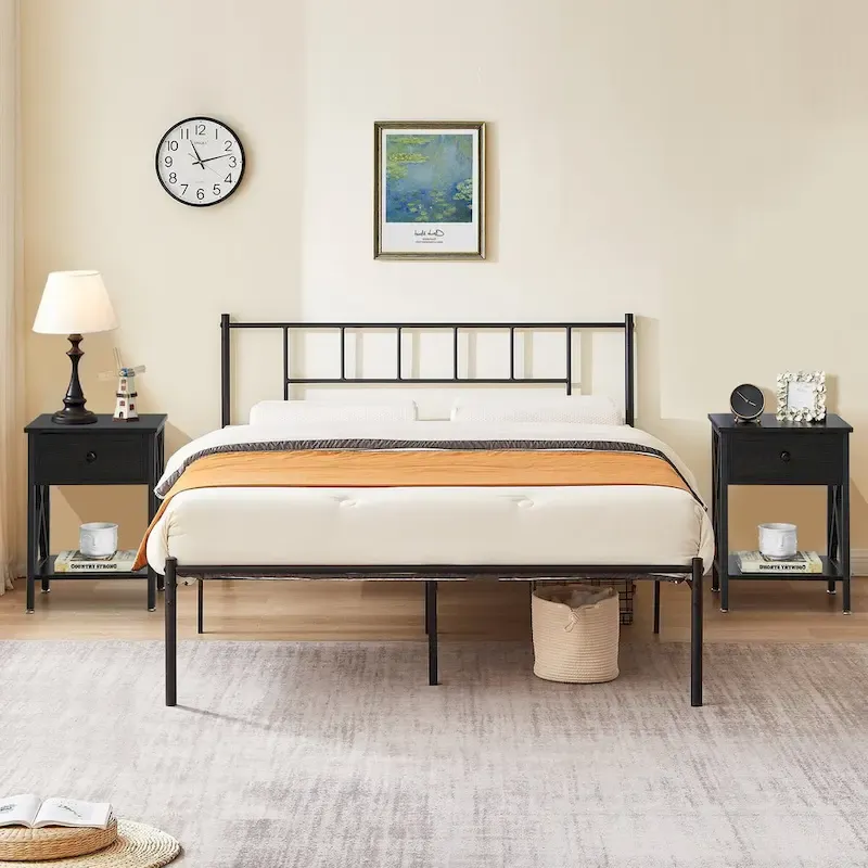 VECELO 3-Pieces Bed Frame with Wood Headboard and Modern Nightstands Set of 2