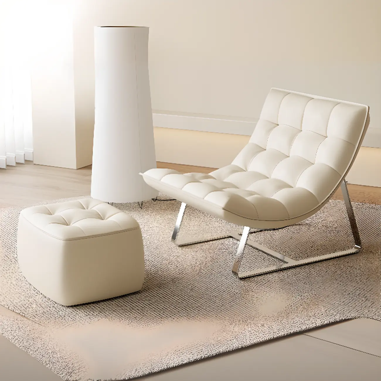 Modern Tufted Leather Accent ArmChair with Ottoman