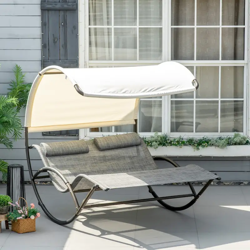 Outsunny Outdoor Double Chaise Rocking Chair, Day Bed Sun Lounger with Canopy Shade, Headrest Pillow, Armrests