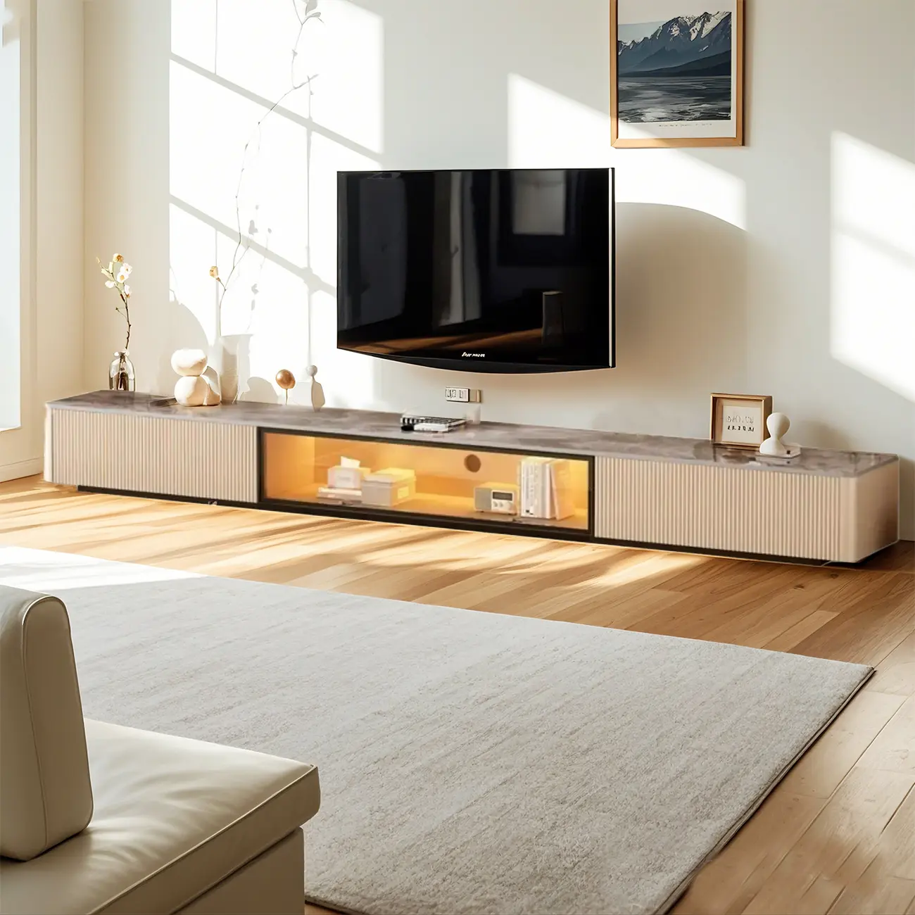 63 Champagne Long Stone TV Stand with Cable Management