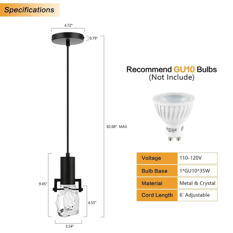 WINGBO 1-Light Modern Crystal Pendant Light Fixture Height Adjustable Hanging Light