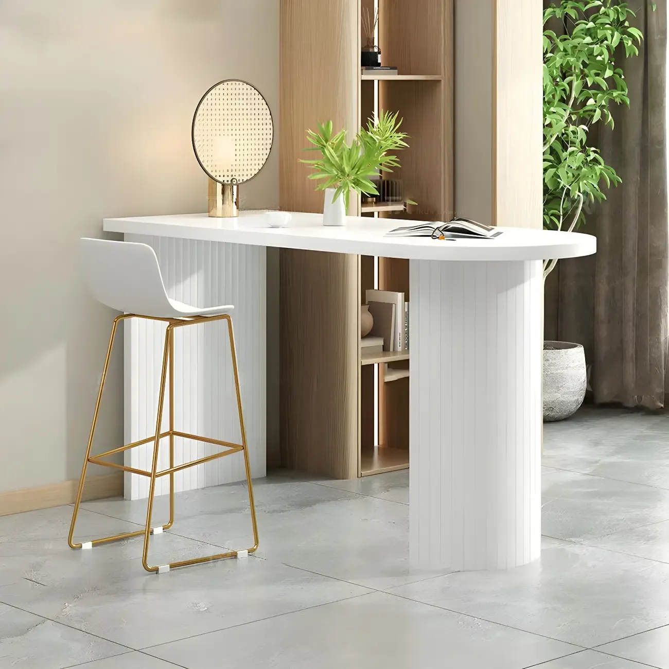 Modern White Free Form Wood Ribbed Metal Bar Tables