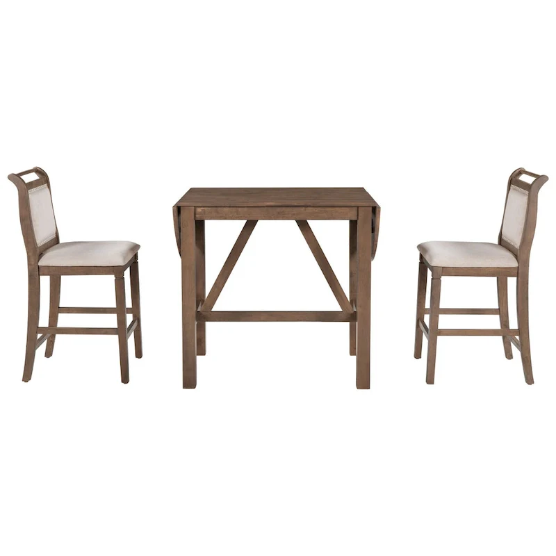 Rustic Style Wooden 3-Piece Dining Table Set with Drop Leaf and 2 Upholstered Dining Chairs