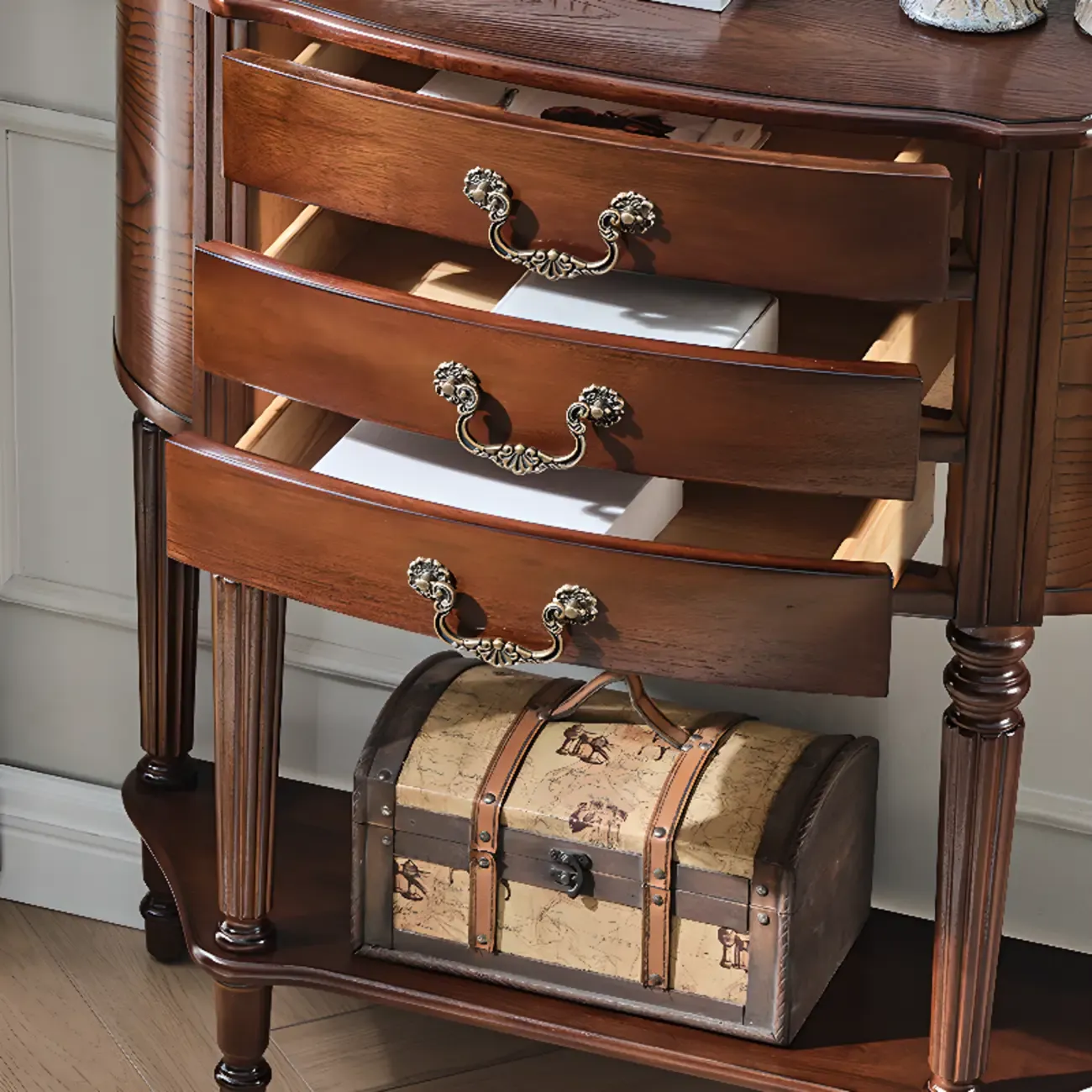 Elegant Brown Half Round Wood Console Table with Drawers