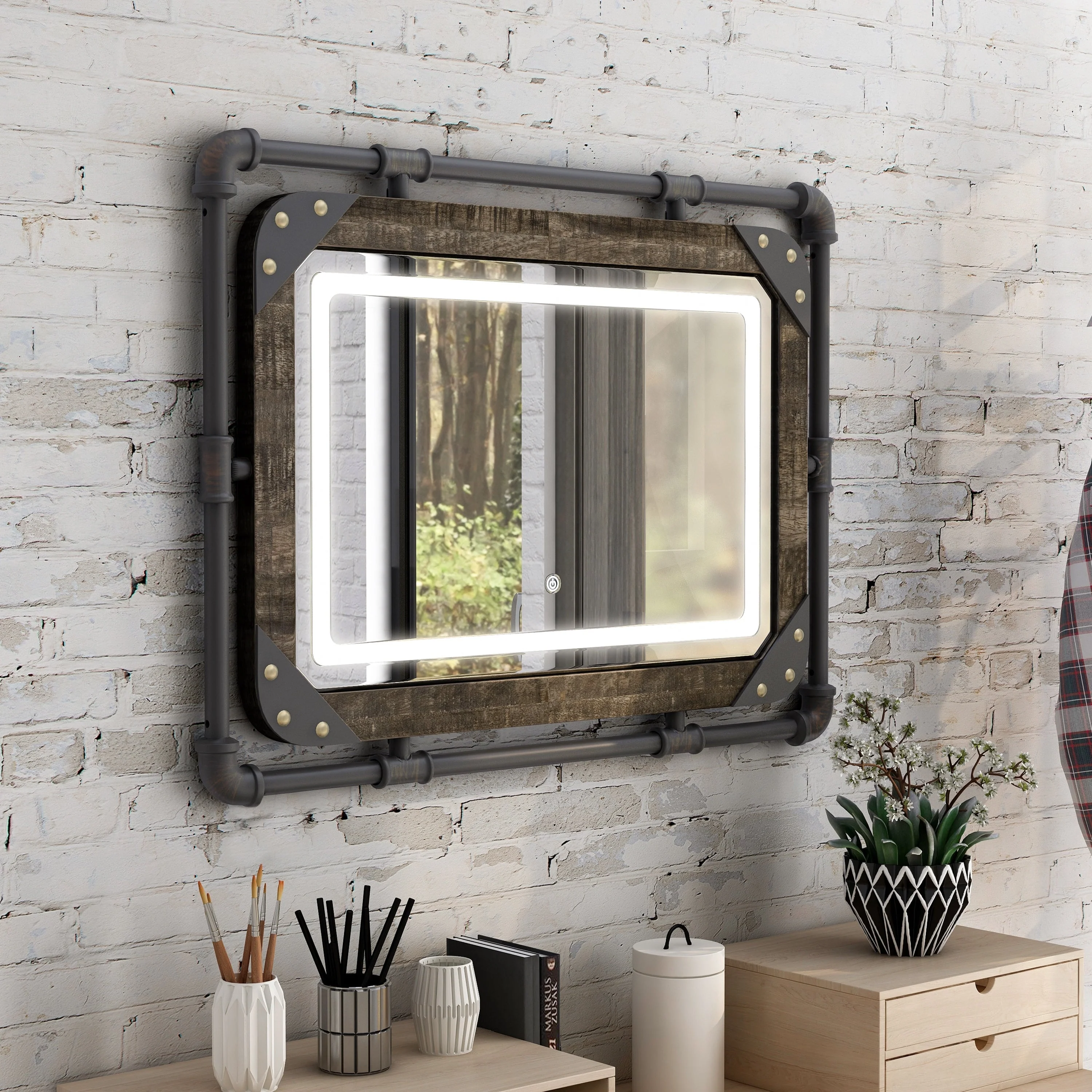Furniture of America Inyo Industrial Metal Wall Mirror with LED Lights