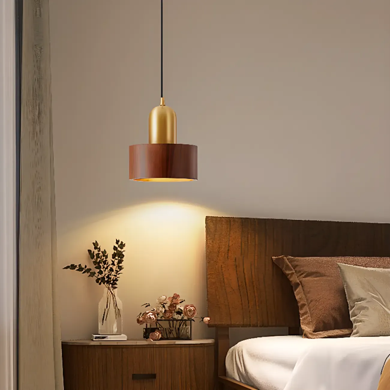 Solid Wood Walnut Cylinder Cord Pendant Light
