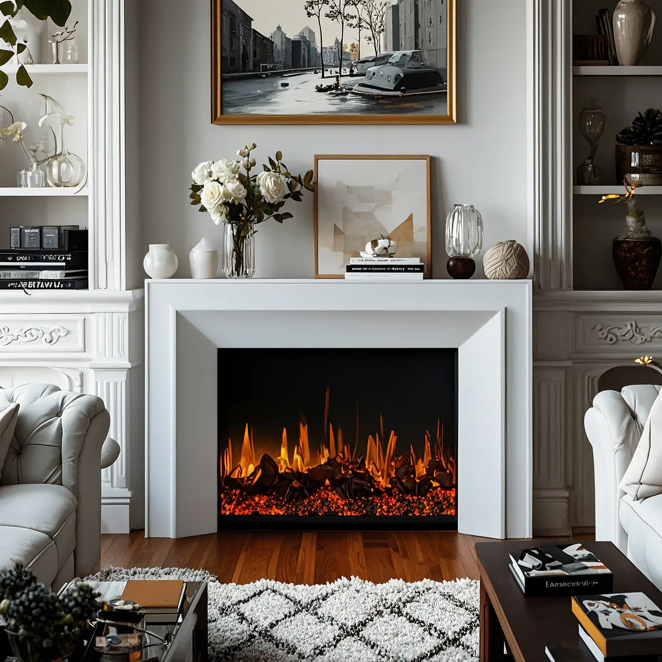 Rectangle White Solid Wood TV Stand with Fireplace & Lights