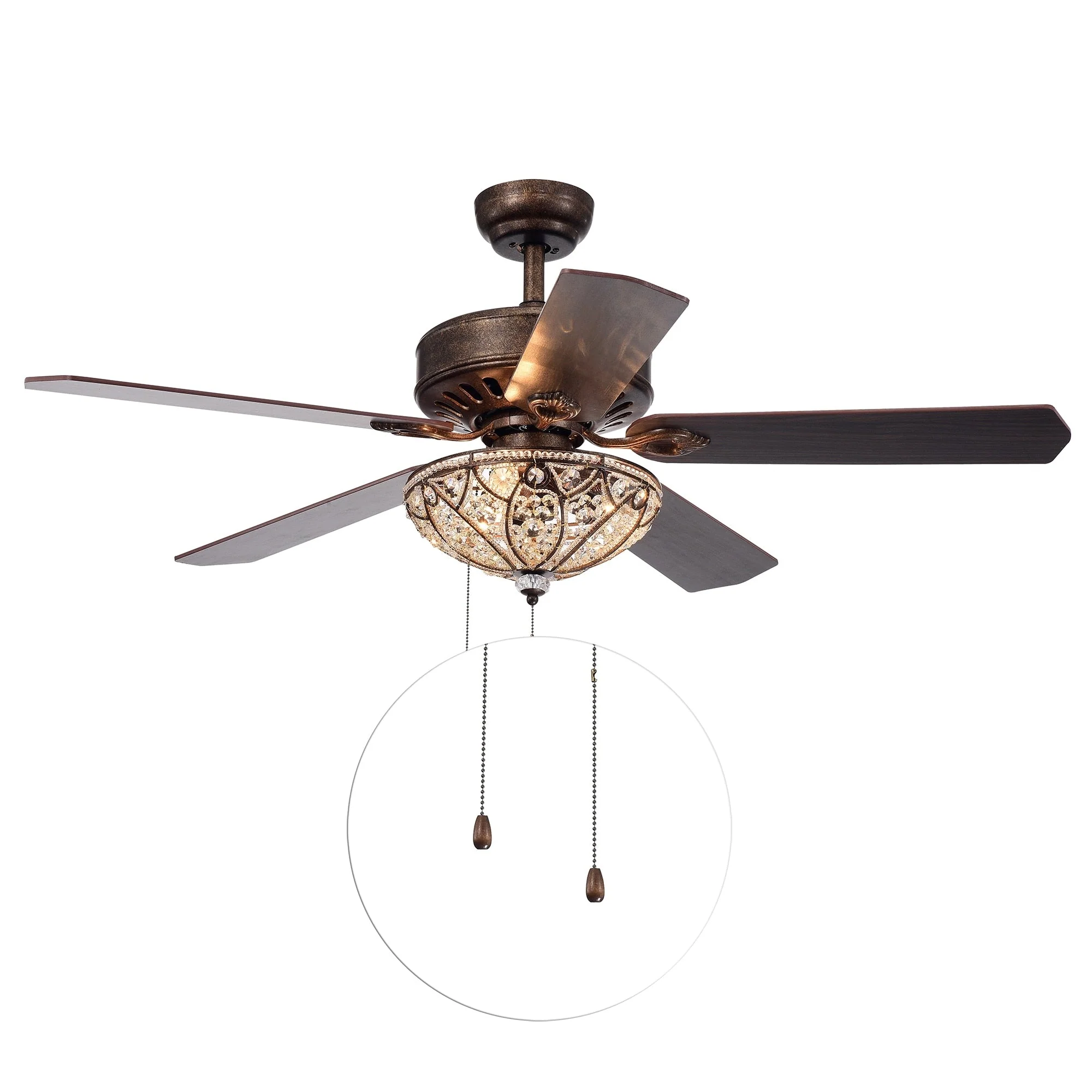 Gliska Rustic Bronze 5-blade Lighted Ceiling Fan with Crystal Shade