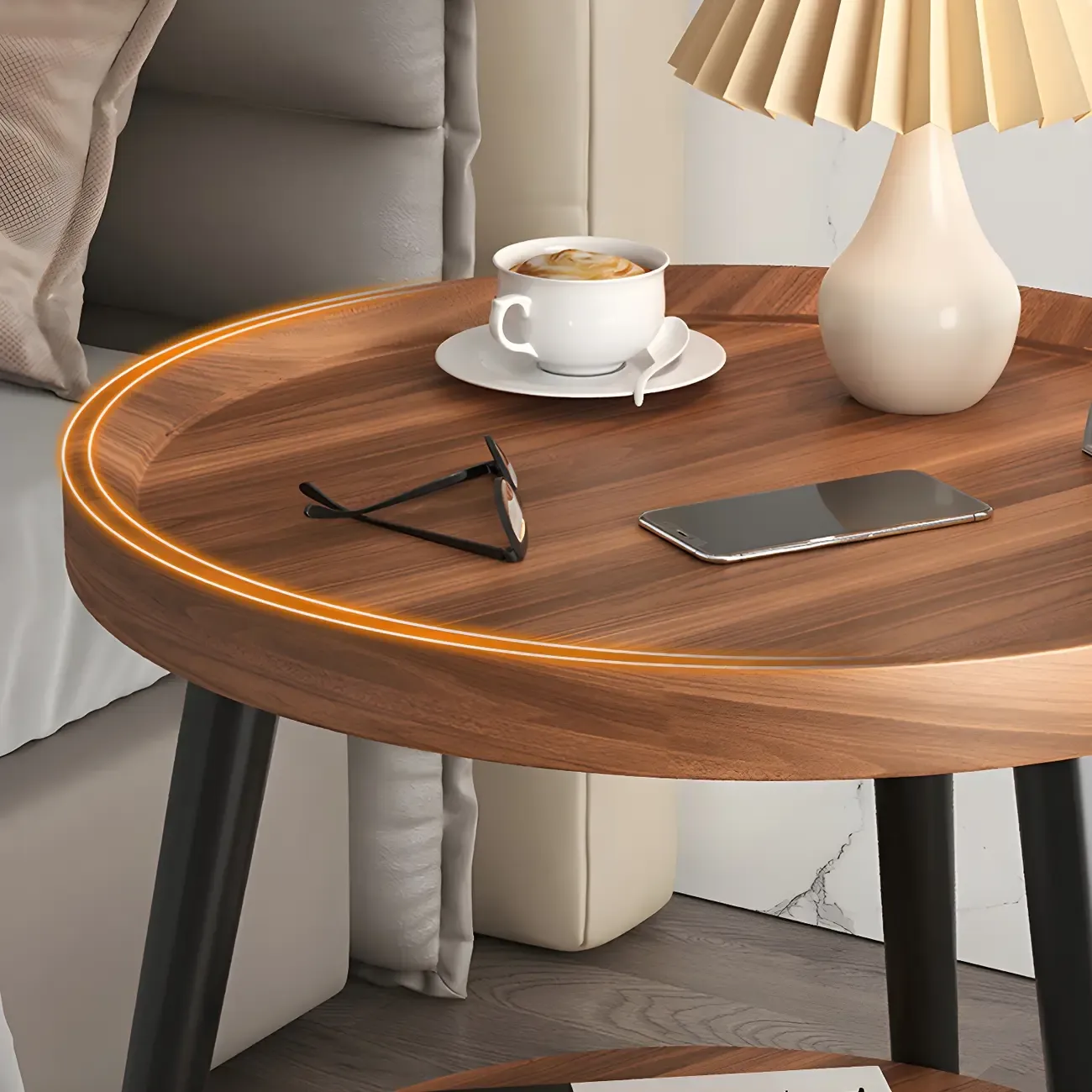 Natural Espresso Wood Small Round End Side Table with Tray Top & Shelf