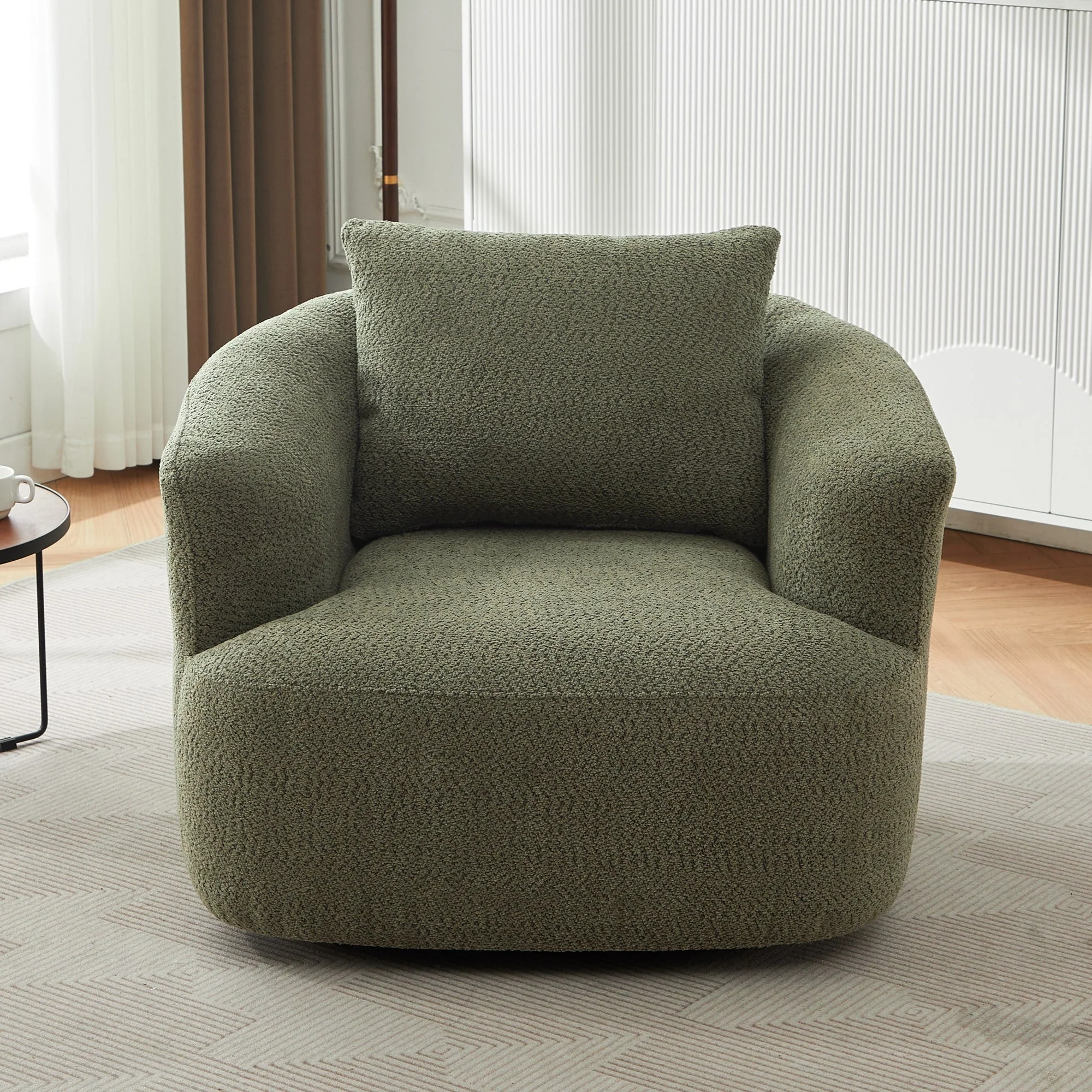 360° Swivel Chair, 38.2 Boucle Accent Chair with Throw Pillow, Upholstered Barrel Sofa Chair with Curved Armrests