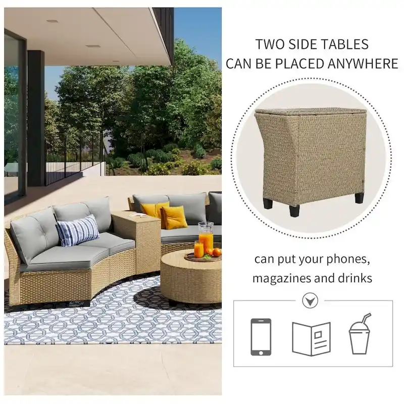 6-Person Garden Fan-shaped Rattan Suit Combination with Cushions and Table