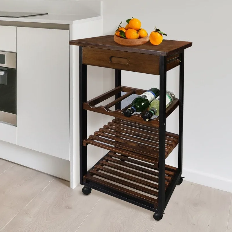 Solid Wood 4-Tier Rolling Kitchen Cart with Wine Rack and Drawer