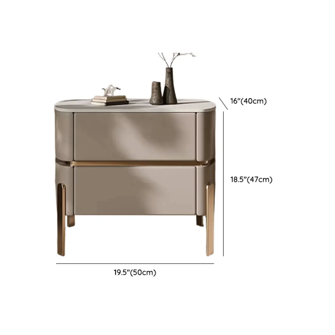 Glam Beige Leather Stone Top 2-Drawer Nightstand