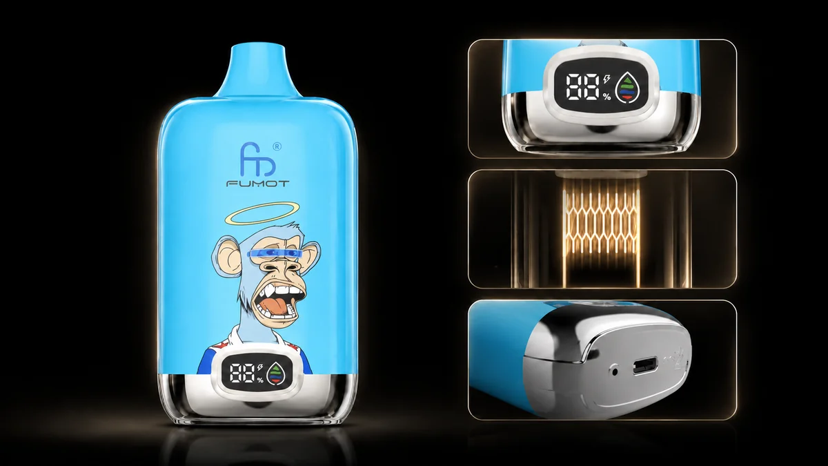 Fumot Digital Box 12000 Blue Razz Gummy Bear Vape Funktionsdetails mit Display, Mesh Coil und Ladeanschluss