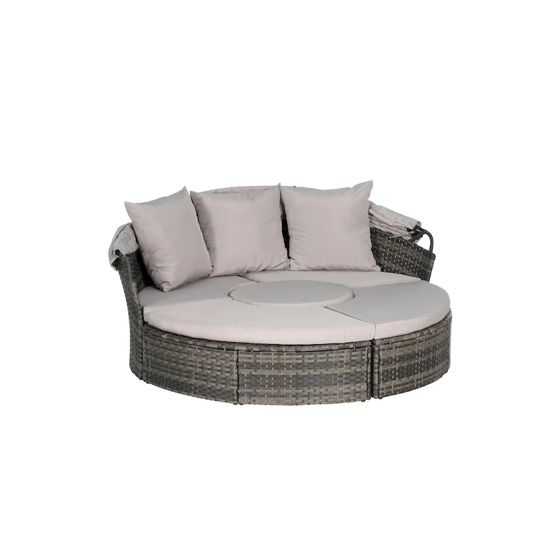 5-Piece Round Daybed Sunbed with Canopy & Removable Cushions
