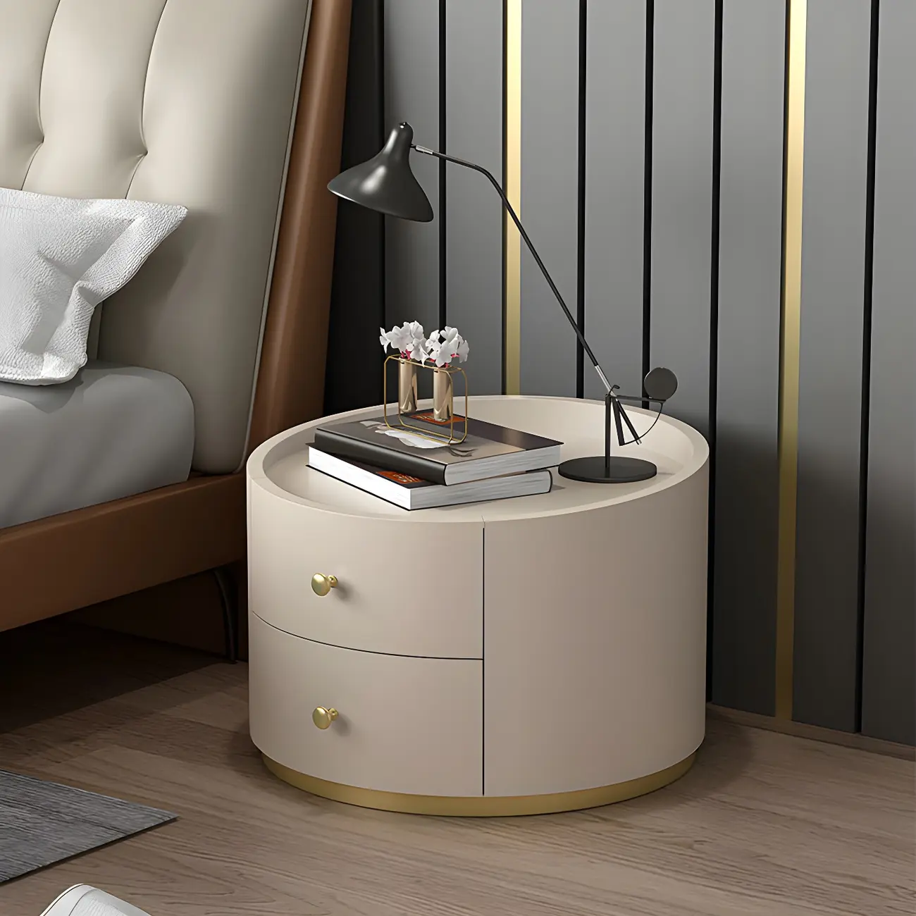 Glam Manufactured Wood Round 2-Drawer Nightstand