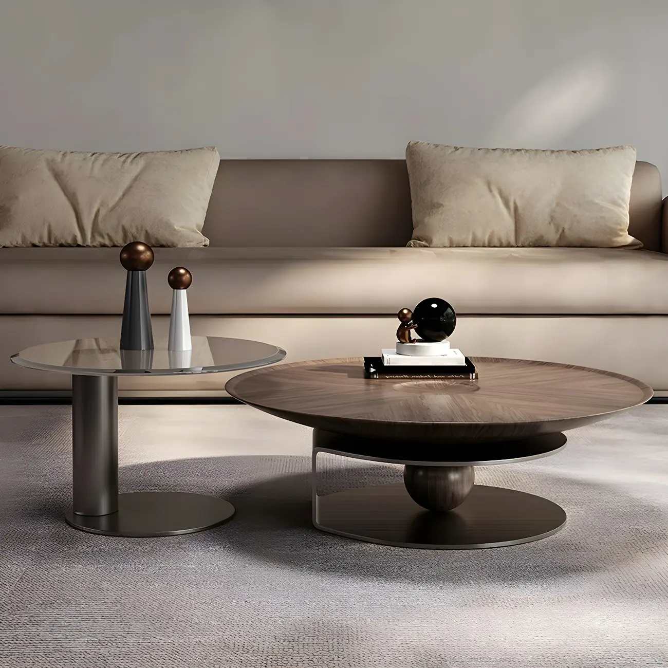 Brown Round Metal Base Wooden Coffee Table